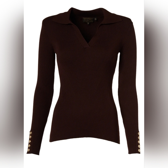 Holland Cooper V-Neck Rib Top in chocolate brown. - Picture 4 of 11
